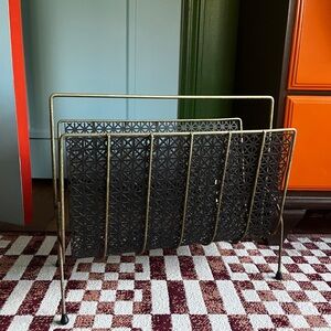 Vintage Mid Century Modern Atomic Black Metal brass Magazine Rack Perforated MCM